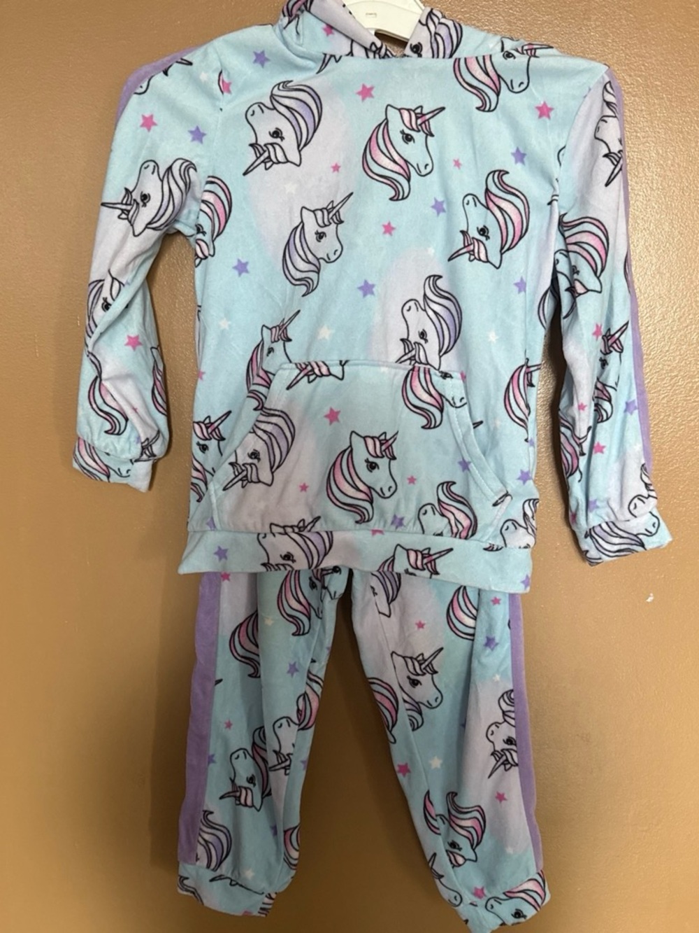Girls Unicorn Hooded Pajama Set - Light Blue & Purple